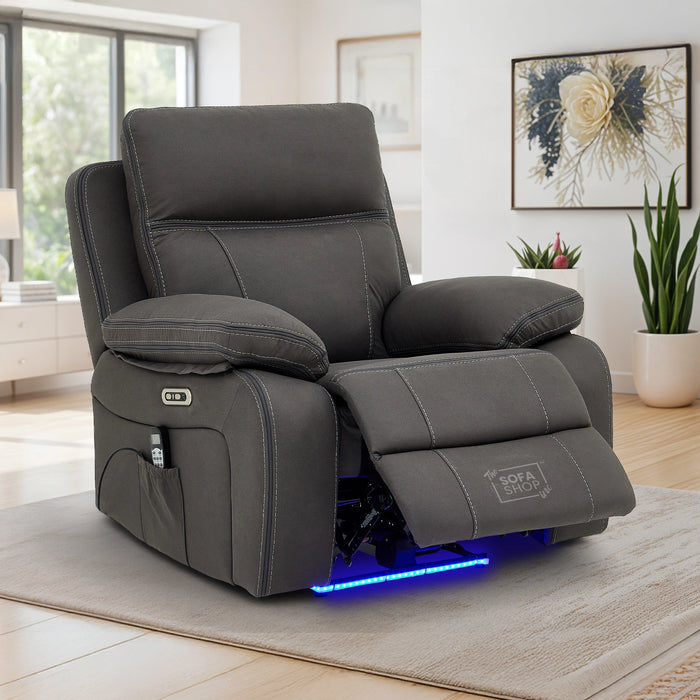 1 Seat Electric Recliner Chair Home Cinema Sofa | Hi-Tech Chair In Grey Fabric with Side Pocket + USB + Massage | Vinsonova