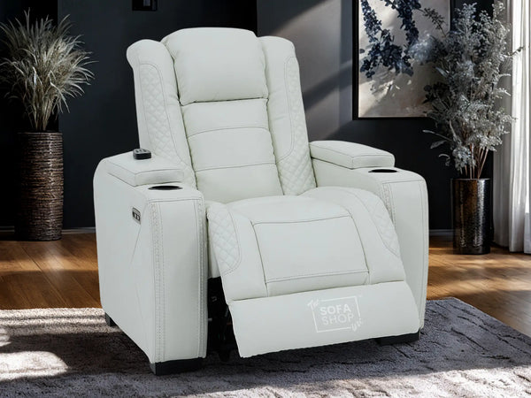Real Leather Chair with Power Headrest, USB Ports, Electric Reclining & Massage Seat | White Leather Recliner | Napoli