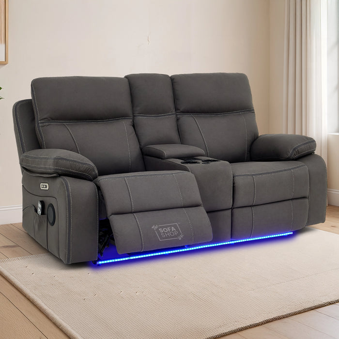 2 Seater Hi-Tech Sofa | Electric Recliner Home Cinema Seat in Grey Fabric with Massage + Chilled Cupholders + Console + Power Sockets + USB | Vinsonova