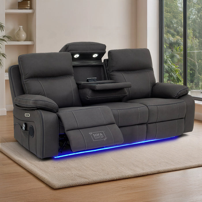 3 Seat Electric Recliner Home Cinema Theatre Sofa | Fabric Couch In Grey with Massage + Cupholders + Table + USB + Speakers | Vinsonova | The Sofa Shop