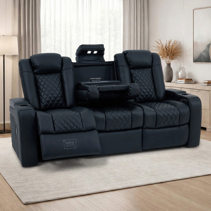 3 Seater Real Leather Electric Recliner Cinema Sofa in Black | Power Lumbar, Bluetooth Speaker, Fold-Down Table & Storage | Milano | The Sofa Shop