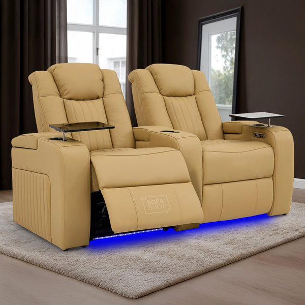 2 Seater Real Leather Power Recliner Sofa in Tan | Cinema Sofa with Console, Heating, USB Charging, Cup Holders, Storage, LED Lights & Massage | Capri | The Sofa Shop