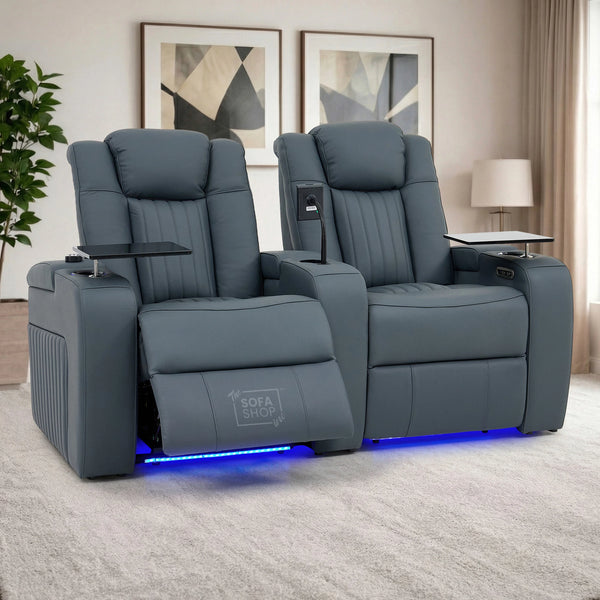 2 Seater Real Leather Recliner Sofa In Blue with Console, Massage, Heating, Adjustable Headrest, LED Cup Holders & USB Ports | Capri