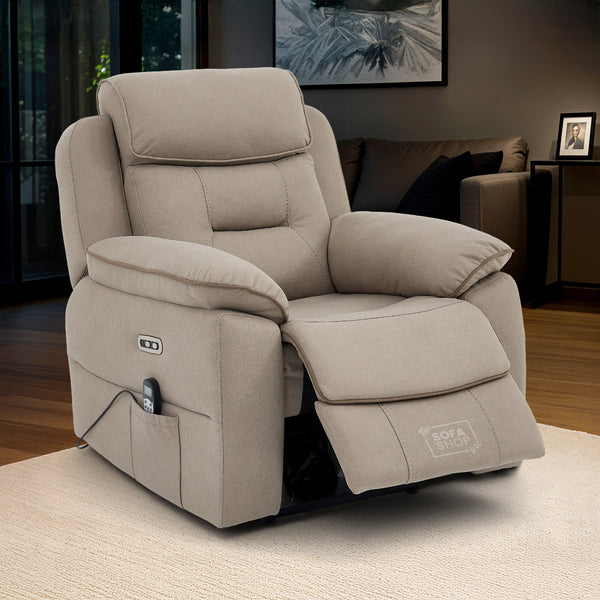 1 Seat Electric Recliner Chair Home Cinema Sofa | Fabric Chair In Beige | Hi-Tech Chair with Massage, Heating, Padded Armrests, USB & Power Headrest | Florence