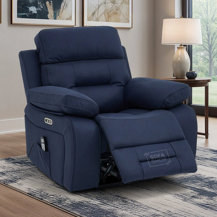 Electric Recliner Chair In Blue Resillience Fabric | Hi-Tech Cinema Seat with Power Headrest, Heating, Massage, Power Recliner & USB Charging Button | Sicily