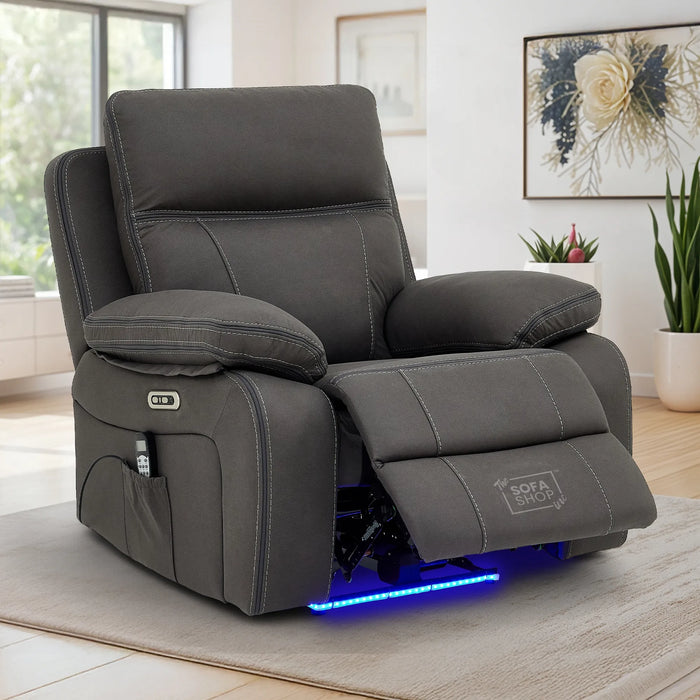 1 Seat Electric Recliner Chair Home Cinema Sofa | Hi-Tech Chair In Grey Fabric with Side Pocket + USB + Massage | Vinsonova