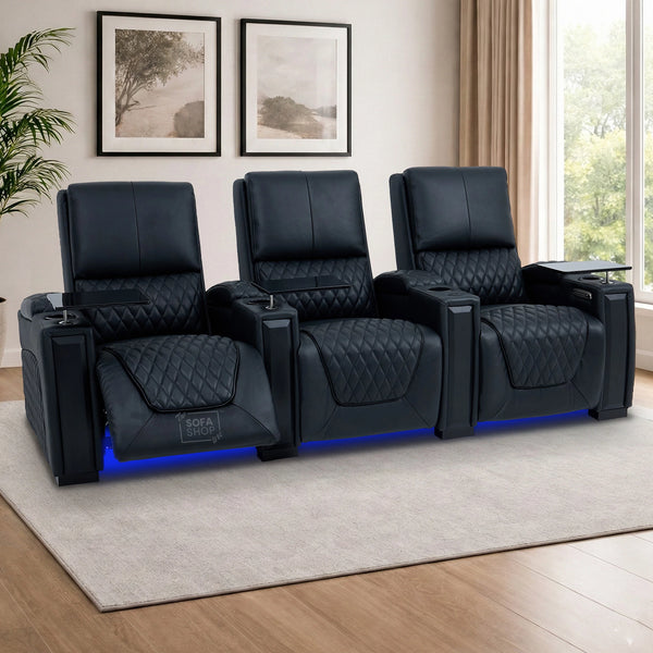 3 Seater Cinema Sofa in Black Real Leather | Luxury Theatre & Home Cinema Seating | Electric Recliner With USB Charging + Cupholders & Power Headrests | LED Lighting & Hidden Storage | Assisi