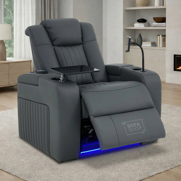 Real Leather Recliner Chair & Cinema Seat in Grey | Electric Armchair with Massage, Heating, LED Cup Holders, Table & USB Ports | Capri