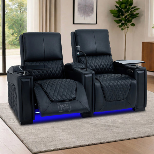 2 Seater Cinema Sofa in Black Real Leather | Luxury Theatre & Home Cinema Seating | Electric Recliner With Cooling Cup Holders + Lumbar Support | USB Charging + LED Lights | Assisi