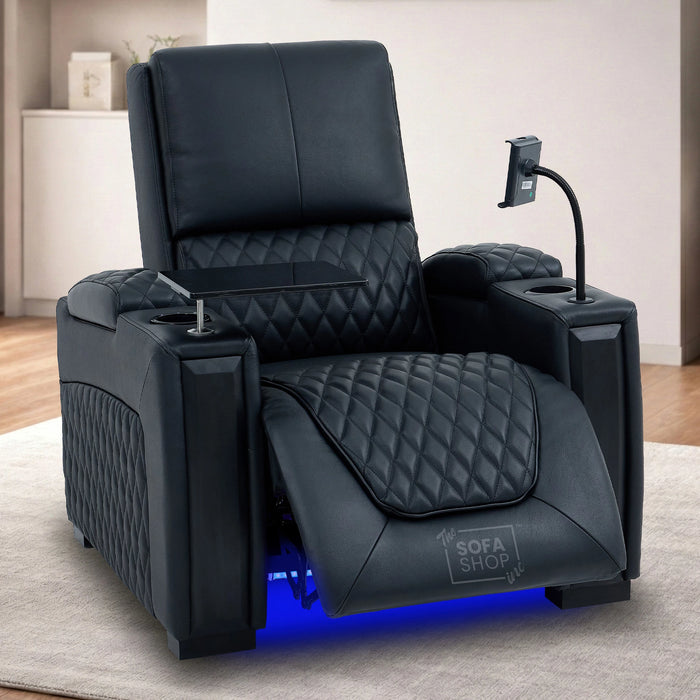 1 Seat Real Leather Electric Recliner Chair in Black With Massage + Heating + Cup Holders + Storage Compartments | Assisi