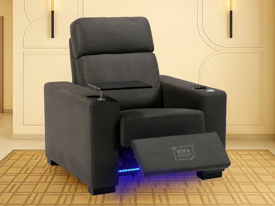 Fabric Cinema Armchair with Electric Reclining, Power Recliner, Lumbar Support, 2 Cup Holders, USB Charging & Tray Table | Hi-Tech Grey Fabric Chair | Palmero | Sofa Shop