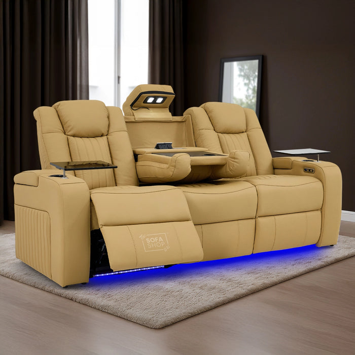 3 Seater Real Leather Power Recliner Sofa in Tan | Cinema Sofa with USB Charging, Cup Holders, Heating, Storage, LED Lights & Massage | Capri | The Sofa Shop