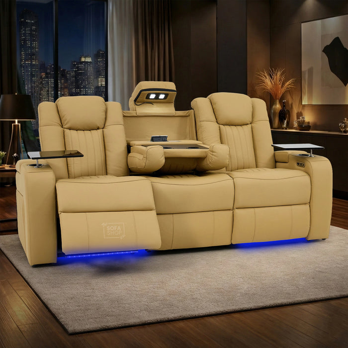 3 Seater Real Leather Power Recliner Sofa in Tan | Cinema Sofa with USB Charging, Cup Holders, Heating, Storage, LED Lights & Massage | Capri | The Sofa Shop