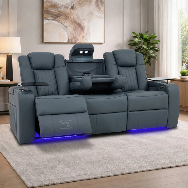 3 Seater Real Leather Recliner Sofa In Blue | Cinema Sofa with Massage, Heating, USB Ports, Drop-Down Table, LED Lights & Massage | Capri | The Sofa Shop