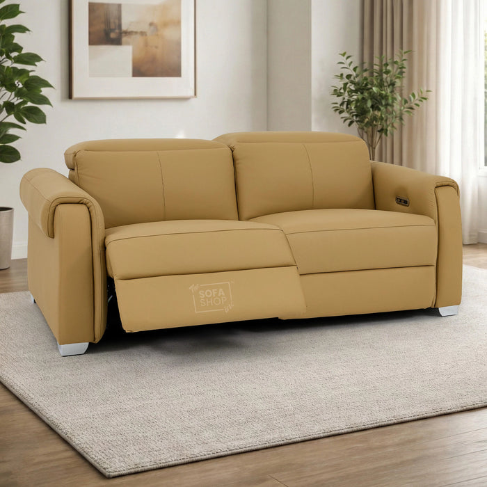 3 Seater Real Leather Recliner Sofa In Tan | Hi-Tech Sofa with Massage, USB Ports & Power Headrest | Turin