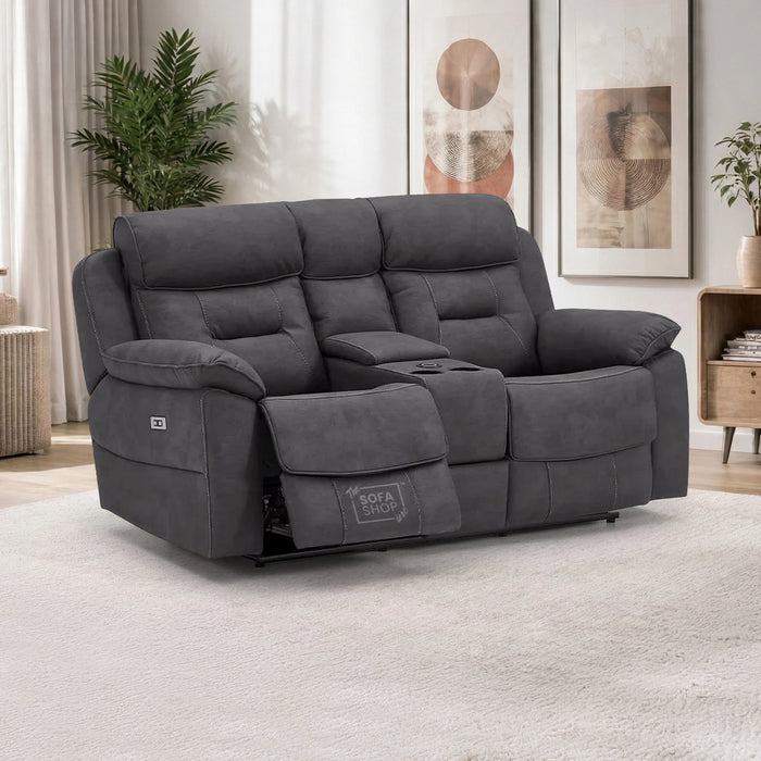 2 Seater Grey Resilience Fabric Electric Recliner Cinema Sofa | Recliner Sofa With Power Headrest, Cooling Cup Holders & Wireless Charging | Florence | The Sofa Shop