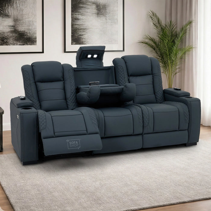 3 Seater Electric Cinema Sofa in Blue Genuine Leather with Massage, Drop-Down Table, Cup Holders, LED Reading Light, Power Recliner, USB Ports & Storage Box | Napoli | The Sofa Shop