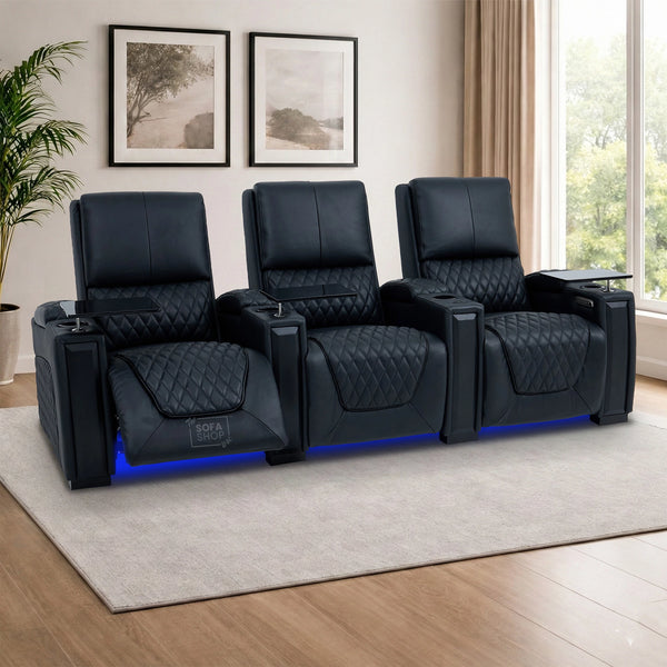 3 Seater Cinema Sofa in Black Real Leather | Luxury Theatre & Home Cinema Seating | Electric Recliner With USB Charging + Cupholders & Power Headrests | LED Lighting & Hidden Storage | Assisi