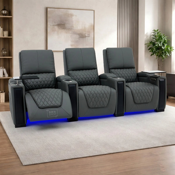 3 Seat Real Leather Electric Recliner Home Cinema Theatre Sofa In Grey with Chilled Cupholder + USB C to Stay Charged + Fully Reclining Seats & Lumbar Support | Assisi