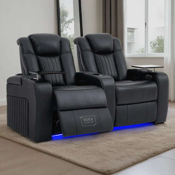 2 Seater Real Leather Power Reclining Cinema Sofa in Black with Console, USB Ports, Table, Cup Holders, Storage & Massage | Capri | The Sofa Shop