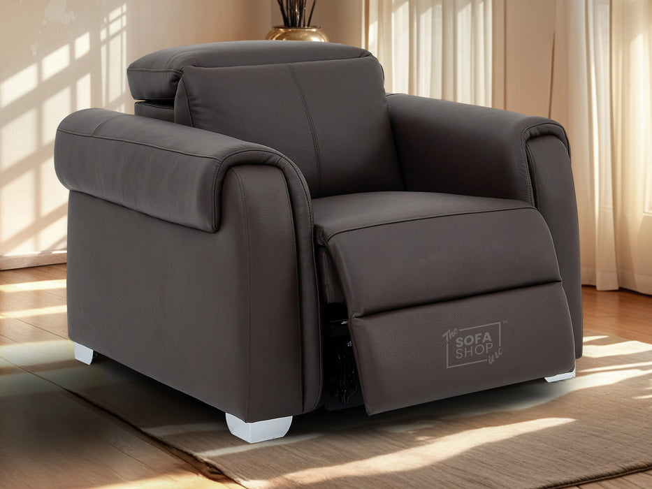 Real Leather Electric Recliner Chair In Brown | Hi-Tech Chair with Massage, Power Headrest + USB Charging Ports | Turin