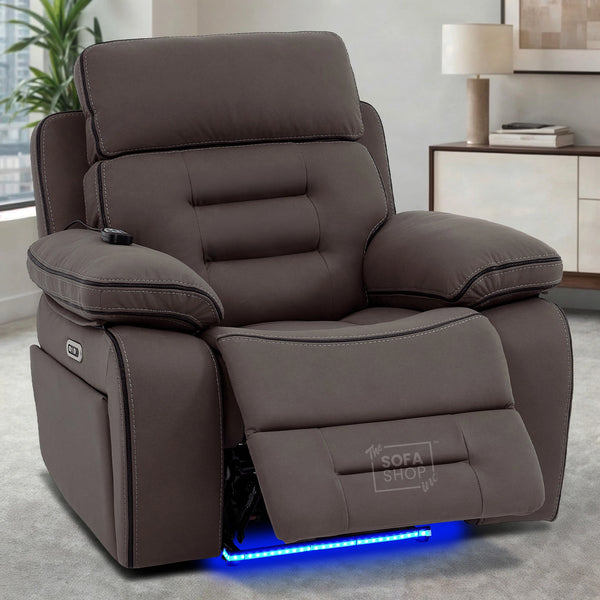 1 Seater Dark Brown Fabric Electric Recliner Cinema Armchair | Hi-Tech Recliner Chair with 8-Point Massage, Heated Lumbar, Cooling Cupholder, Power Headrest & Power Grommet | Tuscany | The Sofa Shop