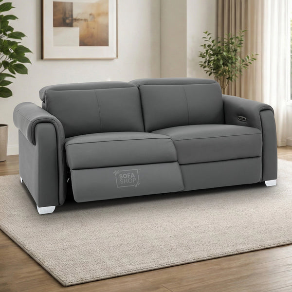 3 Seater Real Leather Recliner Sofa In Grey | Hi-Tech Sofa with Massage, USB Ports & Power Headrest | Turin