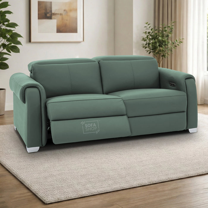 3 Seater Real Leather Recliner Sofa In Green | Hi-Tech Sofa with Massage, USB Ports & Power Headrest | Turin
