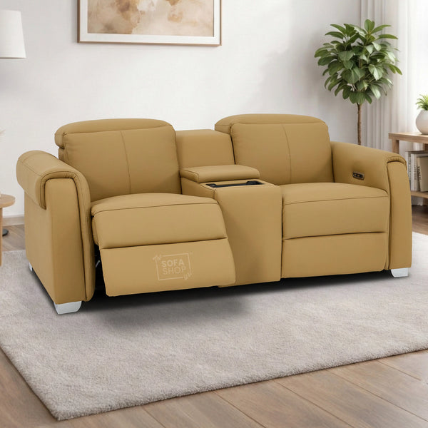 2 Seater Real Leather Electric Recliner Sofa | Cinema Sofa | Hi-Tech Sofa in Tan with Massage, Middle Console, Wireless Charging, Adjustable Headrests & USB | Turin