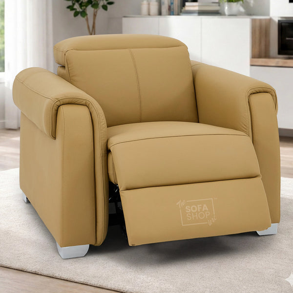 Real Leather Electric Recliner Chair In Tan | Hi-Tech Chair with Massage, Power Headrest + USB Charging Ports | Turin