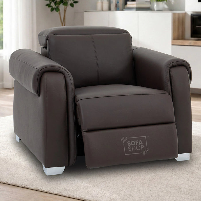 Real Leather Electric Recliner Chair In Brown | Hi-Tech Chair with Massage, Power Headrest + USB Charging Ports | Turin
