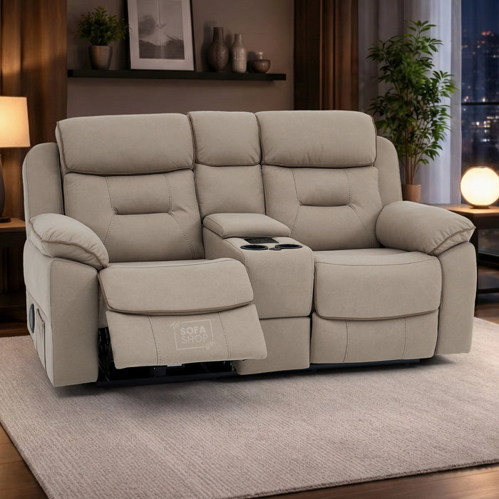 2 Seat Electric Recliner Home Cinema Sofa | Fabric Couch In Beige | Hi-Tech Sofa with Massage, Chilled Cup Holders + Wireless Charging + Console + USB | Florence