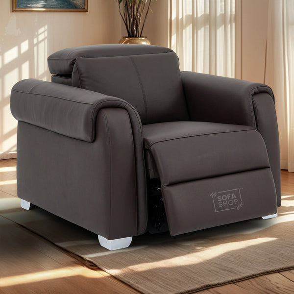 Real Leather Electric Recliner Chair In Brown | Hi-Tech Chair with Massage, Power Headrest + USB Charging Ports | Turin