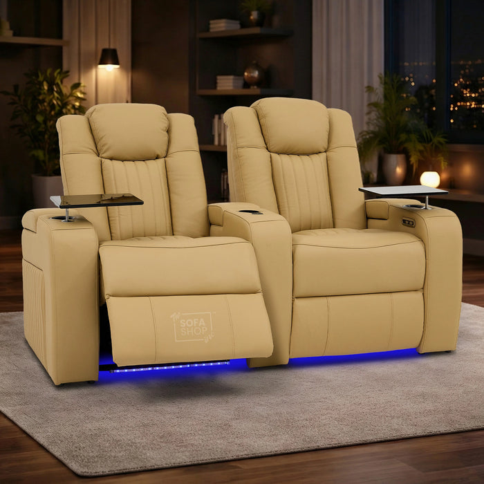 2 Seater Real Leather Power Recliner Sofa in Tan | Cinema Sofa with Console, Heating, USB Charging, Cup Holders, Storage, LED Lights & Massage | Capri | The Sofa Shop