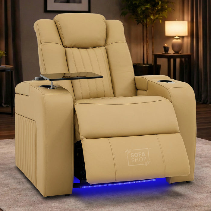 Real Leather Electric Recliner Cinema Chair in Tan | Hi-Tech Power Chair with USB Charging, Heating, Cup Holders, Storage, LED Lights & Massage | Capri | The Sofa Shop