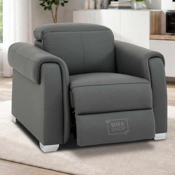 1 Seat Real Leather Electric Recliner Chair In Grey | Hi-Tech Chair with Power + Massage + USB + Adjustable Headrest | Turin Series Two