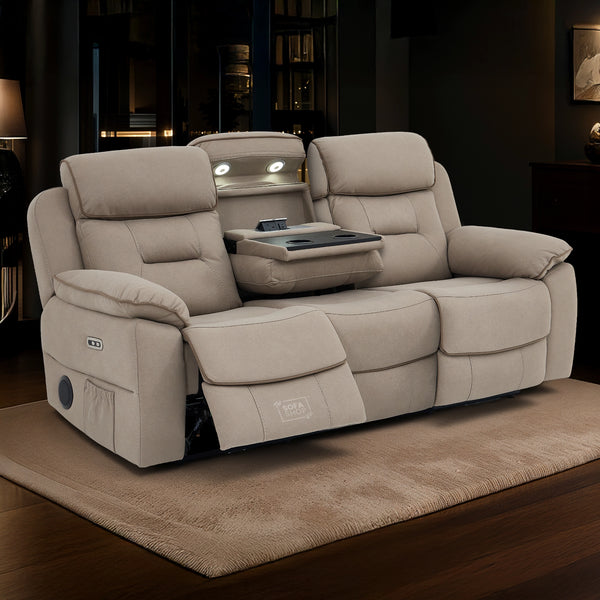 3 Seat Electric Recliner Home Cinema Sofa | Fabric Couch In Beige | Hi-Tech Sofa with Cup Holders + Table + Power Headrests + Speakers | Florence