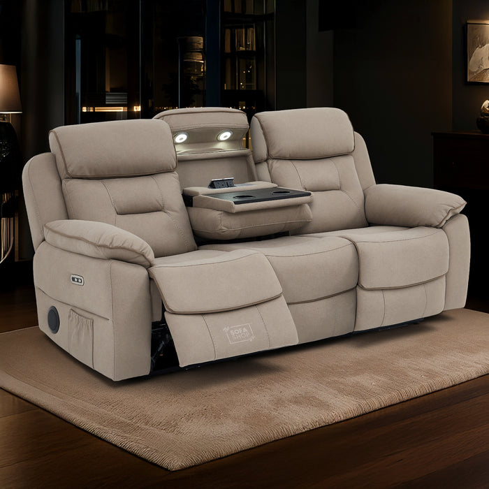 3 Seat Electric Recliner Home Cinema Sofa | Fabric Couch In Beige | Hi-Tech Sofa with Cup Holders + Table + Power Headrests + Speakers | Florence