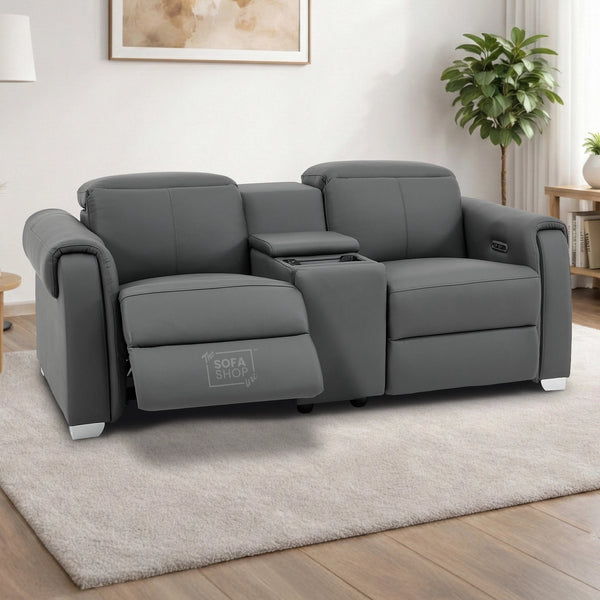 2 Seater Real Leather Electric Recliner Sofa | Cinema Sofa | Hi-Tech Sofa in Grey with Massage, Middle Console, Wireless Charging, Adjustable Headrests & USB | Turin