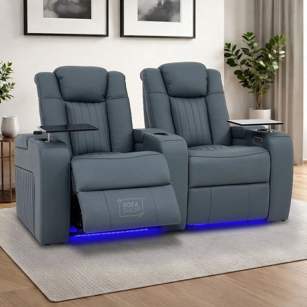 2 Seater Real Leather Recliner Sofa In Blue with Console, Massage, Heating, Adjustable Headrest, LED Cup Holders & USB Ports | Capri