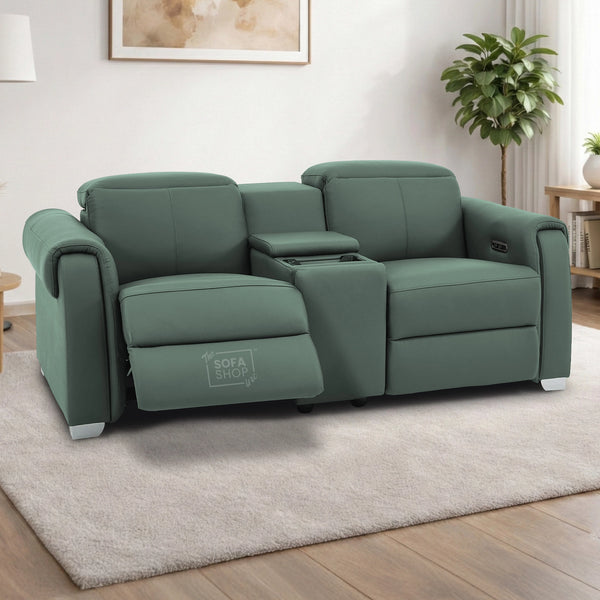 2 Seater Real Leather Electric Recliner Sofa | Cinema Sofa | Hi-Tech Sofa in Green with Massage, Middle Console, Wireless Charging, Adjustable Headrests & USB | Turin