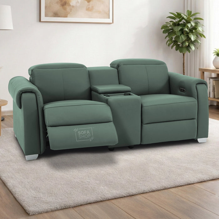 2 Seater Real Leather Electric Recliner Sofa | Cinema Sofa | Hi-Tech Sofa in Green with Massage, Middle Console, Wireless Charging, Adjustable Headrests & USB | Turin