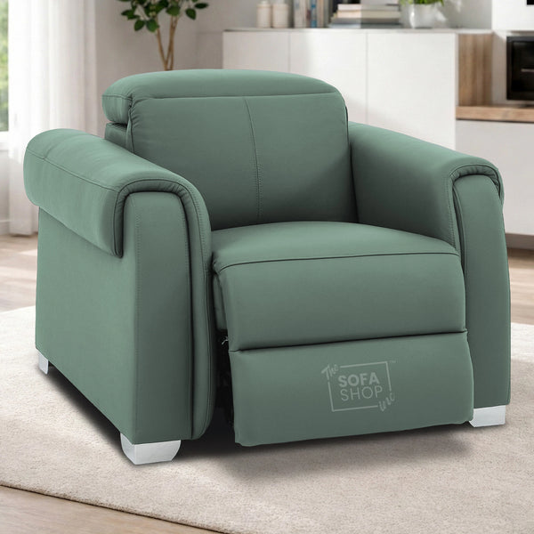 Real Leather Electric Recliner Chair In Green | Hi-Tech Chair with Massage, Power Headrest + USB Charging Ports | Turin