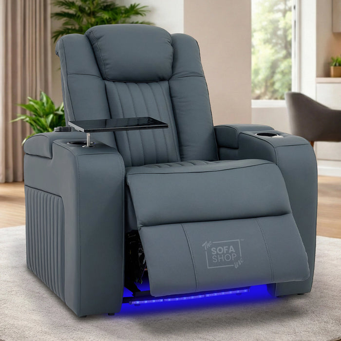Real Leather Recliner Chair In Blue with Power Headrest, Power Recline, Massage, Heating, USB Charging, LED Cup Holder & Tray Table | Capri