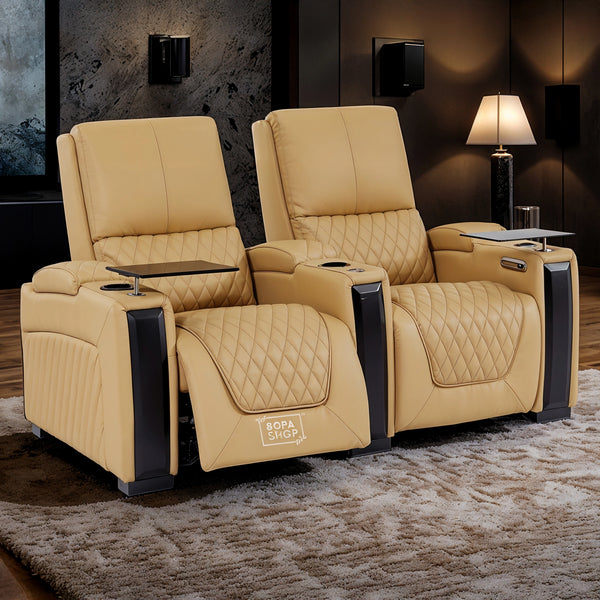 2 Seat Real Leather Electric Recliner Home Cinema Theatre Sofa | Couch in Tan + Plush Armrests + Easy To Clean Leather | Assisi | The Sofa Shop