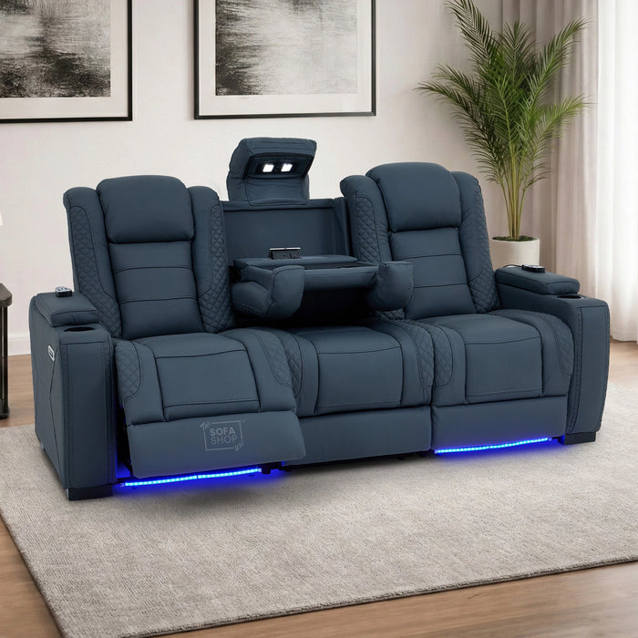 3 Seater Electric Recliner Cinema Sofa in Blue Genuine Leather with Massage, Drop-Down Table, Cup Holders, Power Recliner, USB Ports & Storage Box | Napoli