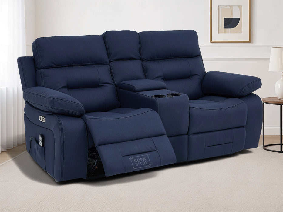 3+2 Electric Recliner Sofa Set in Blue Resillience Fabric | Hi-Tech Cinema Package with Massage, Drop-Down Table, Power Headrest, Power Recliner, Storage Drawer, USB & Wireless Charging | Sicily