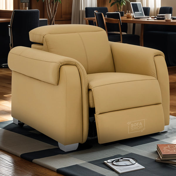 Real Leather Electric Recliner Chair In Tan | Hi-Tech Chair with Massage, Power Headrest + USB Charging Ports | Turin
