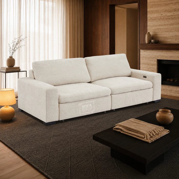 Extendable Electric Sofa - Bed in Cream Chenille Fabric | 3 Seater Power Sliding Couch Perfect for Home Cinema & Movie Nights  | USBc Charging Ports | Palma