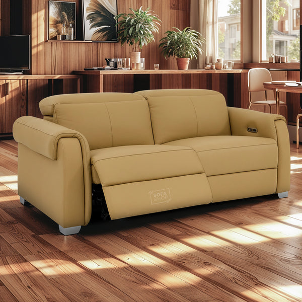 3 Seater Real Leather Recliner Sofa In Tan | Hi-Tech Sofa with Massage, USB Ports & Power Headrest | Turin